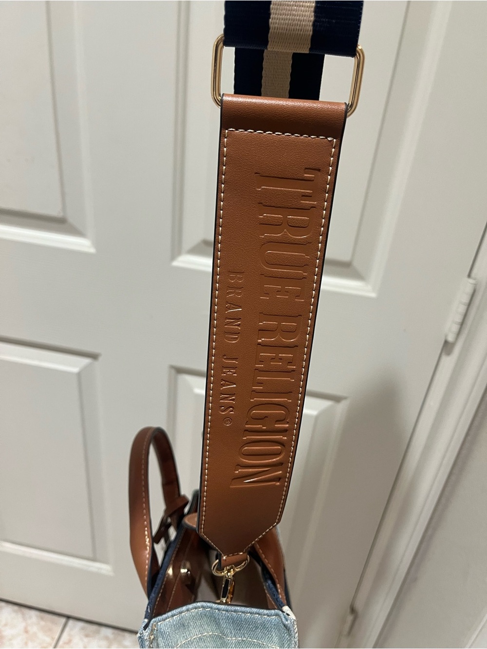 True Religion Denim Tote with Brown Leather Handles and Gold Hardware - Picture 3 of 4